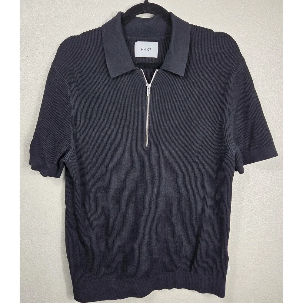 NN.07 Hansie SS Zip Rib Knit Polo‎ Sweater Organic Cotton Black Size L